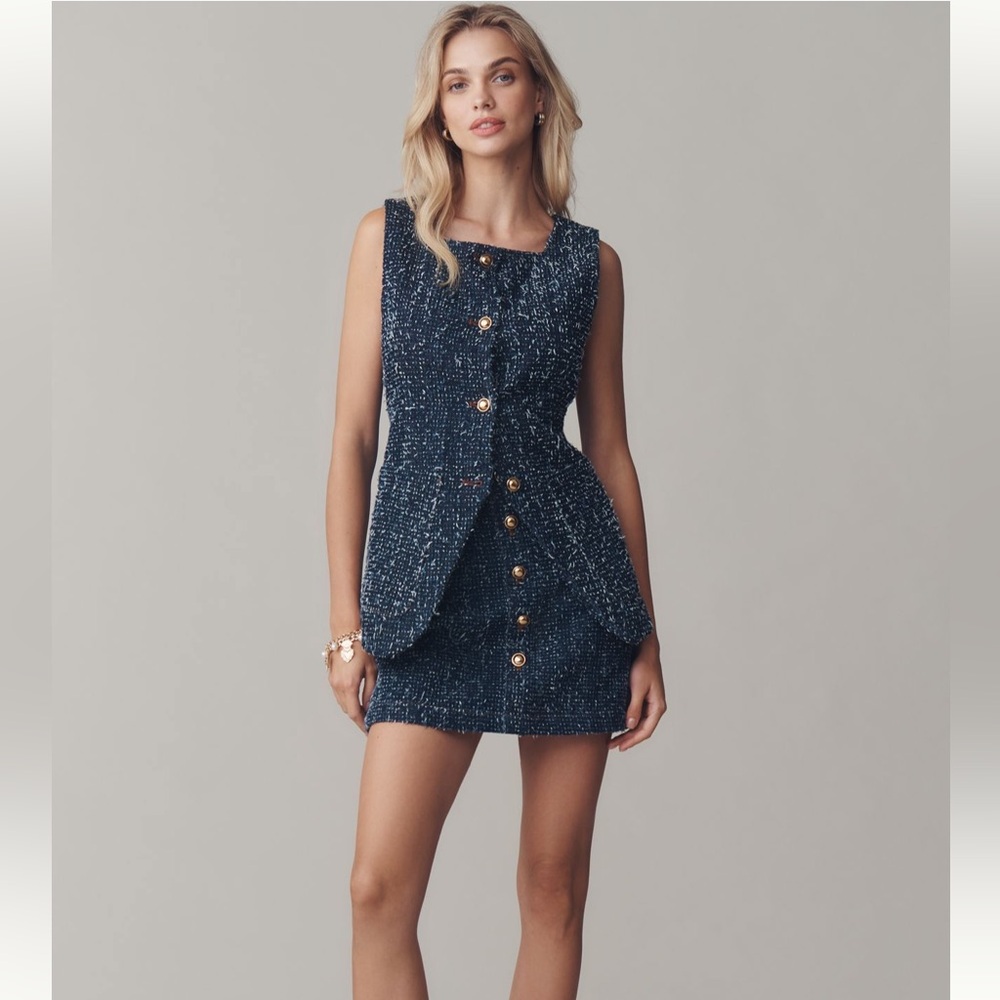 Maeve needle punched denim vest & skirt set